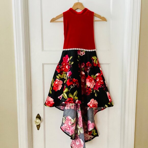SPEECHLESS Big Girls Floral Halter Neck Red Velvet Hi-Low Party Dress - Picture 11 of 11
